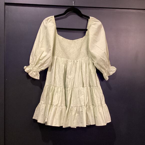 Mable Emory Smocked Ruffle Babydoll cotton mini dress NWT light green olive S - Picture 2 of 10